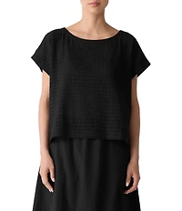Eileen Fisher Organic Cotton Blend Airy Box Pattern Boat Neck Short Sleeve Top
