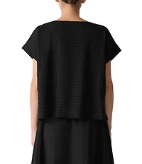 Eileen Fisher Organic Cotton Blend Airy Box Pattern Boat Neck Short Sleeve Top