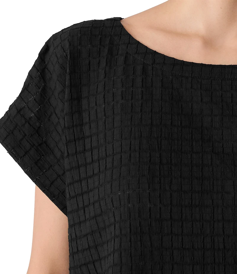 Eileen Fisher Organic Cotton Blend Airy Box Pattern Boat Neck Short Sleeve Top