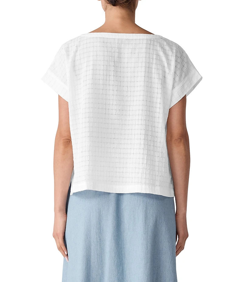 Eileen Fisher Organic Cotton Blend Airy Box Pattern Boat Neck Short Sleeve Top