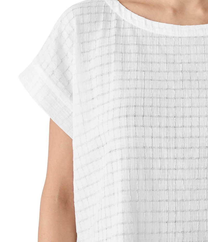Eileen Fisher Organic Cotton Blend Airy Box Pattern Boat Neck Short Sleeve Top
