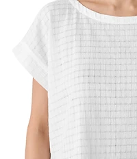 Eileen Fisher Organic Cotton Blend Airy Box Pattern Boat Neck Short Sleeve Top