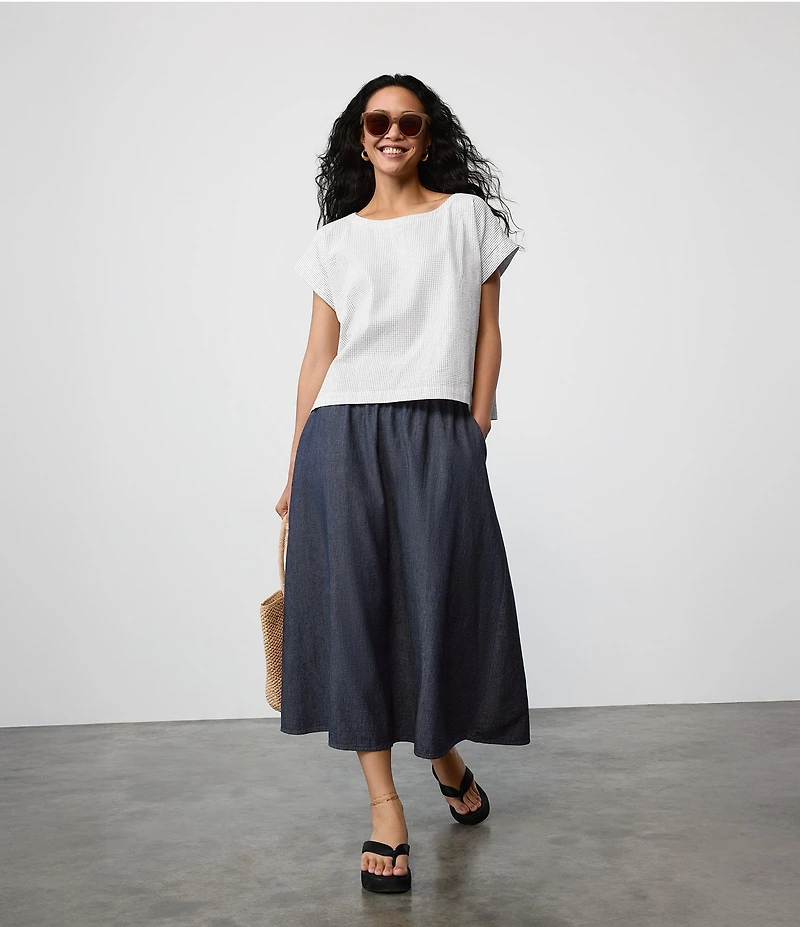 Eileen Fisher Organic Cotton Blend Airy Box Pattern Boat Neck Short Sleeve Top