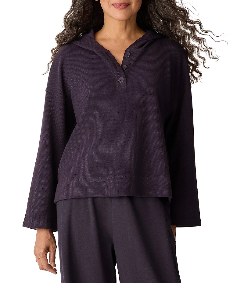 Eileen Fisher Organic Cotton Blend Coordinating Double Waffle Knit Hooded Button Front Long Sleeve Top