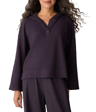 Eileen Fisher Organic Cotton Blend Coordinating Double Waffle Knit Hooded Button Front Long Sleeve Top