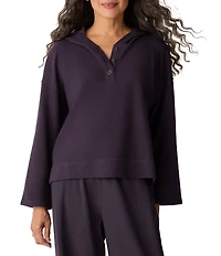 Eileen Fisher Organic Cotton Blend Coordinating Double Waffle Knit Hooded Button Front Long Sleeve Top