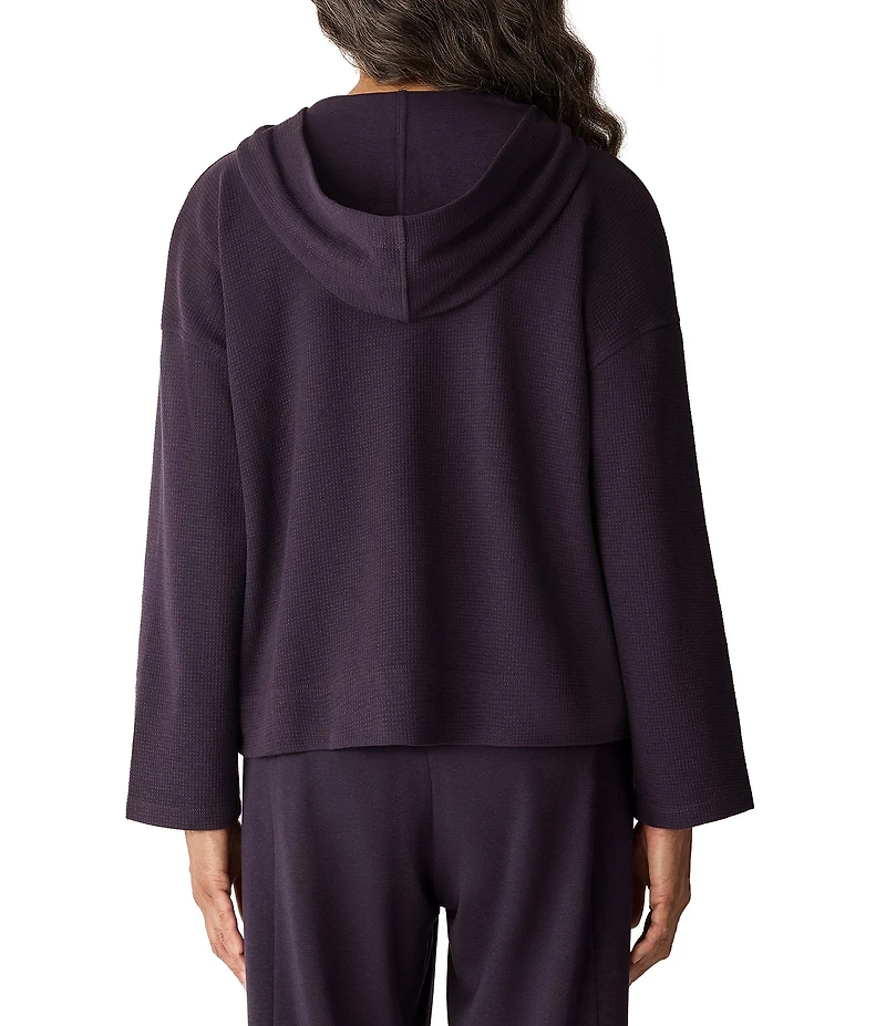 Eileen Fisher Organic Cotton Blend Coordinating Double Waffle Knit Hooded Button Front Long Sleeve Top