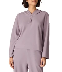 Eileen Fisher Organic Cotton Blend Coordinating Double Waffle Knit Hooded Button Front Long Sleeve Top
