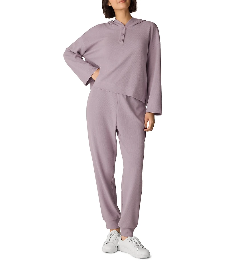 Eileen Fisher Organic Cotton Blend Coordinating Double Waffle Knit Hooded Button Front Long Sleeve Top