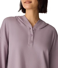 Eileen Fisher Organic Cotton Blend Coordinating Double Waffle Knit Hooded Button Front Long Sleeve Top