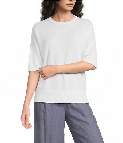 Eileen Fisher Organic Cotton Blend Crew Neck Elbow Sleeve Top