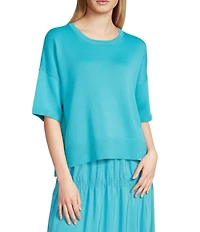 Eileen Fisher Organic Cotton Blend Crew Neck Elbow Sleeve Top