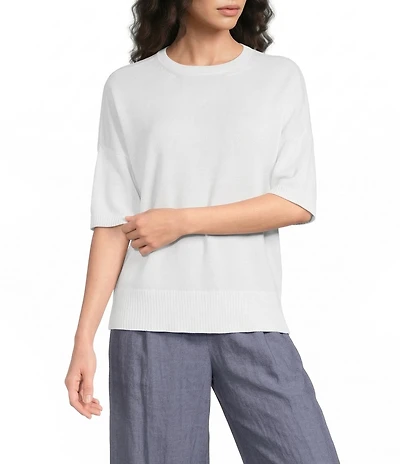 Eileen Fisher Organic Cotton Blend Crew Neck Elbow Sleeve Top