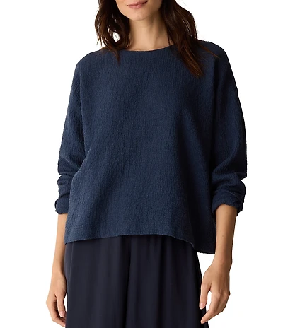 Eileen Fisher Organic Cotton Blend Crinkle Doubleweave Round Neck Long Sleeve Top