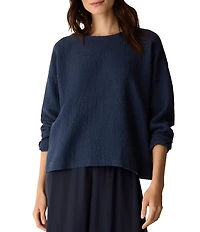 Eileen Fisher Organic Cotton Blend Crinkle Doubleweave Round Neck Long Sleeve Top