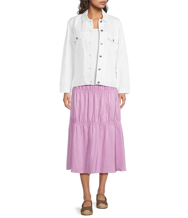 Eileen Fisher Organic Cotton Blend Denim Point Collar Long Sleeve Denim Jacket