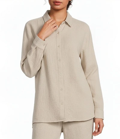 Eileen Fisher Organic Cotton Blend Doubleweave Classic Collar Long Sleeve Button Front Shirt