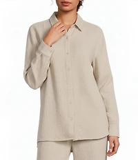 Eileen Fisher Organic Cotton Blend Doubleweave Classic Collar Long Sleeve Button Front Shirt
