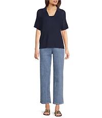 Eileen Fisher Organic Cotton Blend Open Weave Collar V-Neck Short Sleeve Top