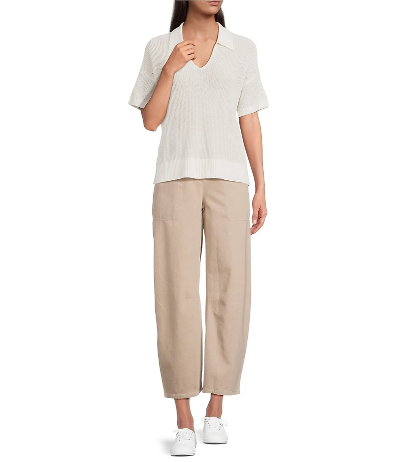 Eileen Fisher Organic Cotton Blend Open Weave Collar V-Neck Short Sleeve Top