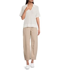 Eileen Fisher Organic Cotton Blend Open Weave Collar V-Neck Short Sleeve Top