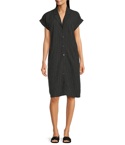 Eileen Fisher Organic Cotton Blend Pinstripe Notch Collar Cap Sleeve Button Front Shirt Dress