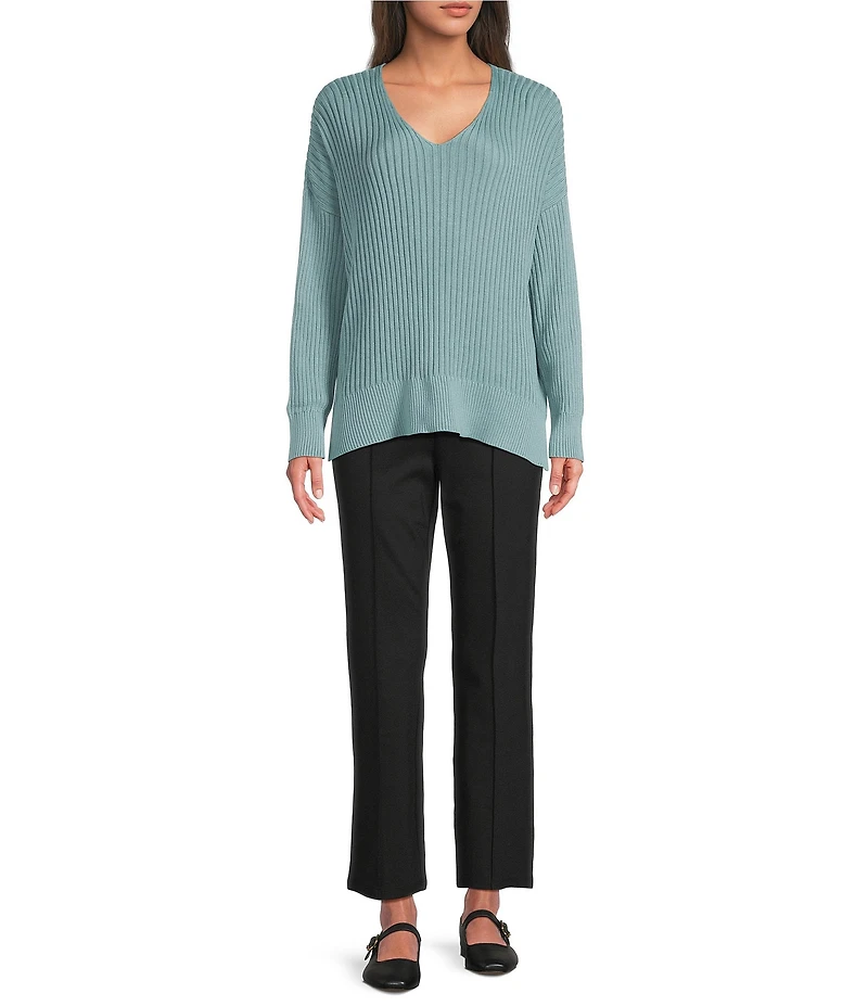 Eileen Fisher Organic Cotton Blend Ribbed Knit V-Neck Long Sleeve Sweater