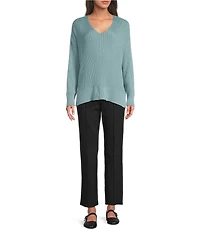 Eileen Fisher Organic Cotton Blend Ribbed Knit V-Neck Long Sleeve Sweater