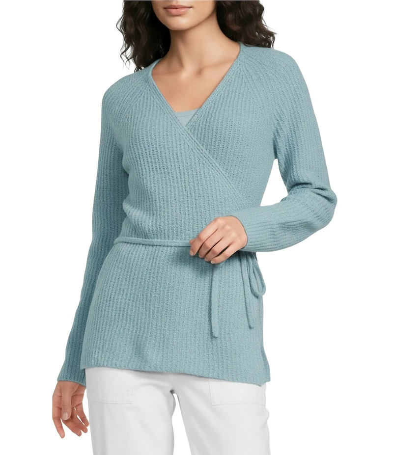 Eileen Fisher Organic Cotton Blend Ribbed Knit V-Neck Long Sleeve Wrap Cardigan