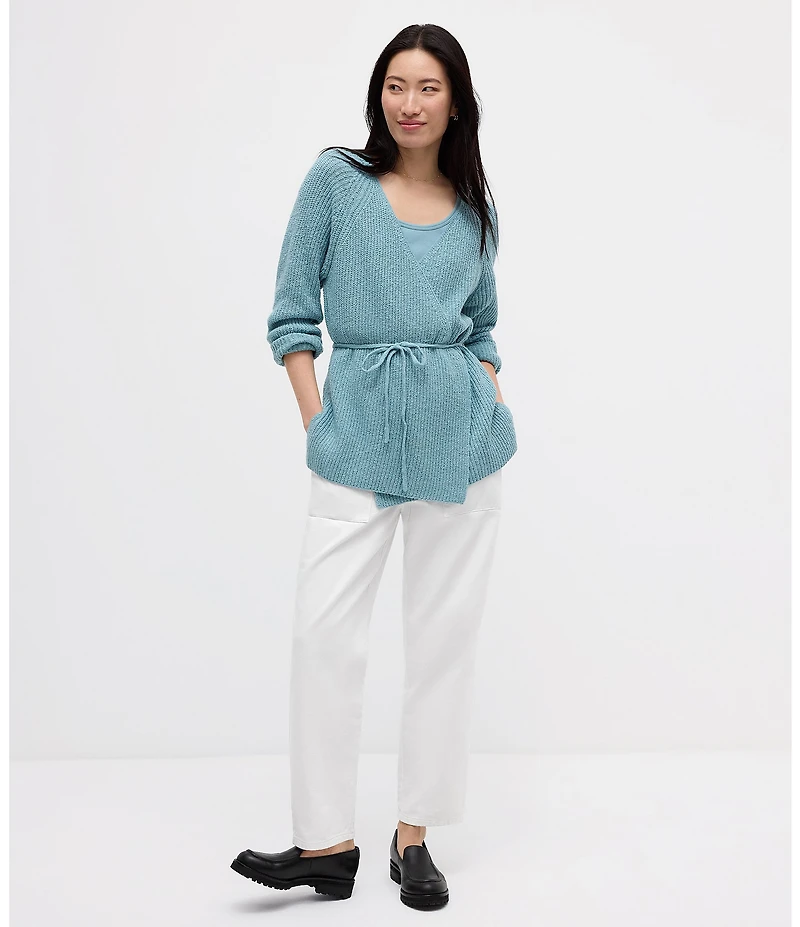 Eileen Fisher Organic Cotton Blend Ribbed Knit V-Neck Long Sleeve Wrap Cardigan