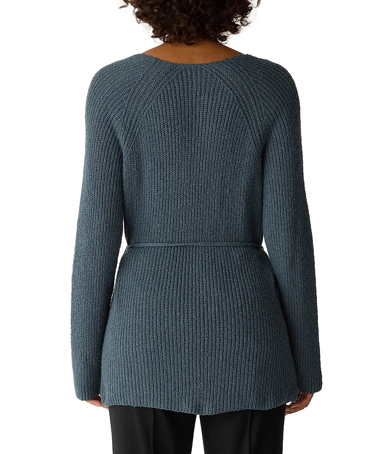 Eileen Fisher Organic Cotton Blend Ribbed Knit V-Neck Long Sleeve Wrap Cardigan