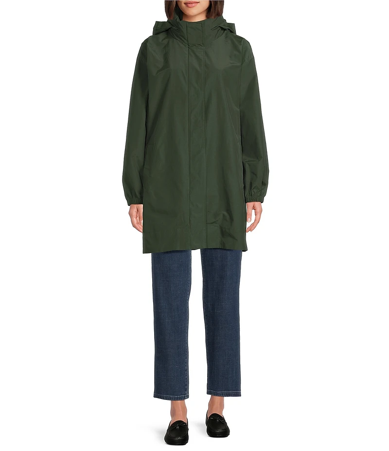 Eileen Fisher Organic Cotton Blend Stand Collar Long Sleeve Hidden Hood Coat