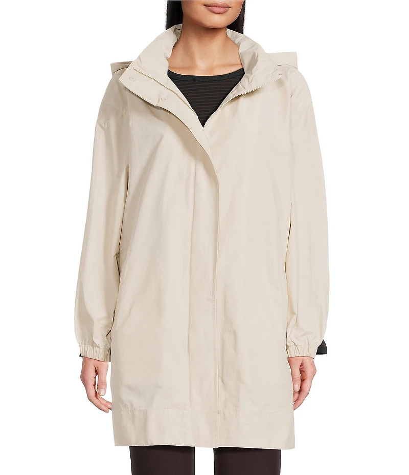 Eileen Fisher Organic Cotton Blend Stand Collar Long Sleeve Hidden Hood Coat
