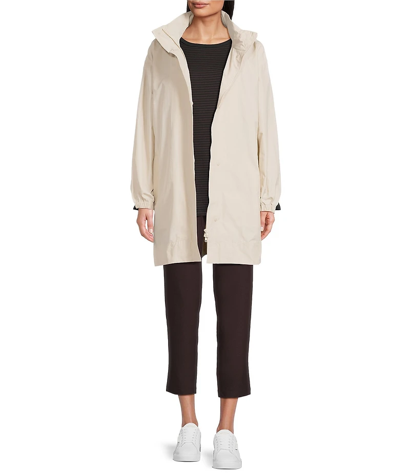 Eileen Fisher Organic Cotton Blend Stand Collar Long Sleeve Hidden Hood Coat