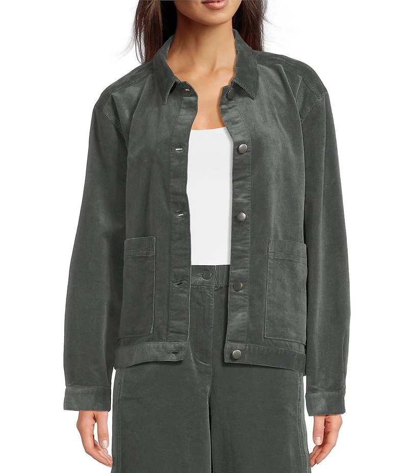 Eileen Fisher Organic Cotton Blend Stretch Corduroy Point Collar Long Sleeve Jacket