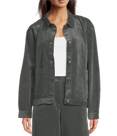 Eileen Fisher Organic Cotton Blend Stretch Corduroy Point Collar Long Sleeve Jacket