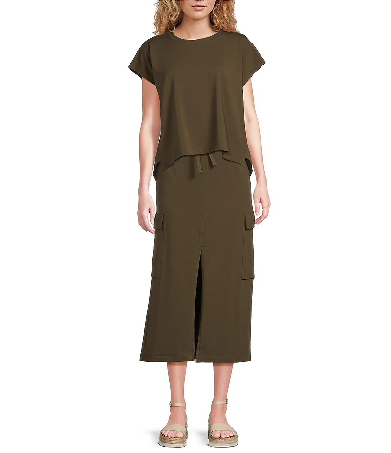 Eileen Fisher Organic Cotton Blend Stretch Jersey Crew Neck Cap Sleeve Coordinating Shirt