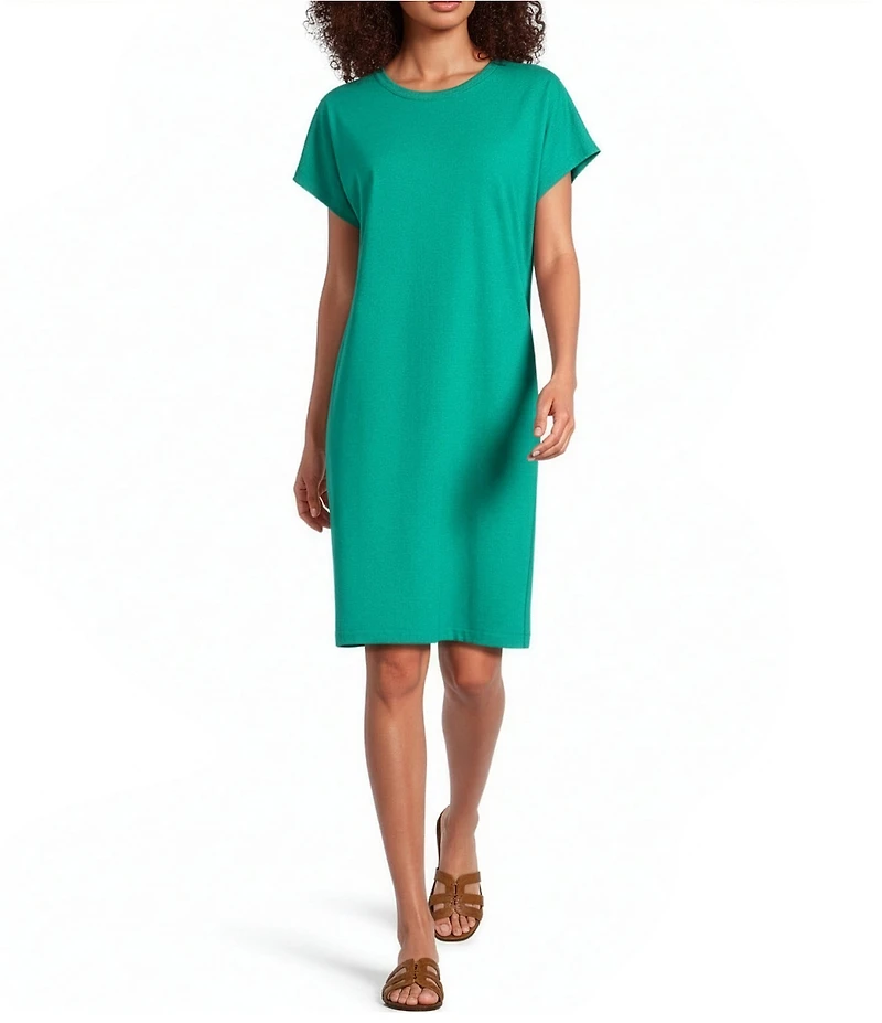 Eileen Fisher Organic Cotton Blend Stretch Jersey Crew Neck Short Sleeve Dress