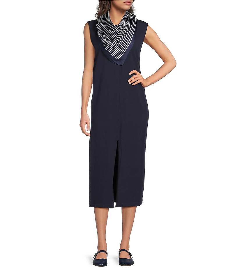 Eileen Fisher Organic Cotton Blend Stretch Jersey Crew Neck Sleeveless Front Slit Maxi Dress