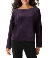 Eileen Fisher Organic Cotton Blend Velvety Velour Knit Boat Neck Long Sleeve Tunic