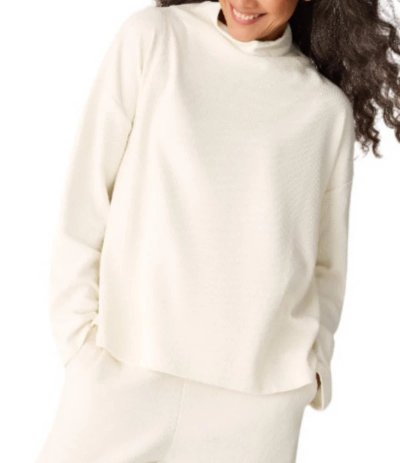 Eileen Fisher Organic Cotton Blend Waffle Doubleknit Coordinating High Funnel Neck Long Sleeve Box Top