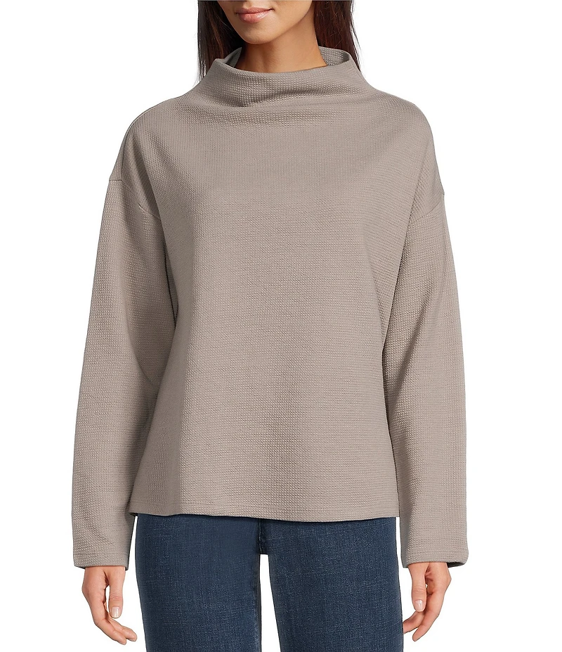 Eileen Fisher Organic Cotton Blend Waffle Doubleknit Coordinating High Funnel Neck Long Sleeve Box Top