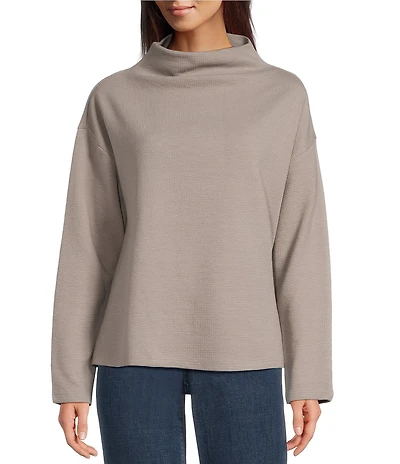 Eileen Fisher Organic Cotton Blend Waffle Doubleknit Coordinating High Funnel Neck Long Sleeve Box Top