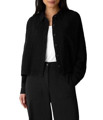 Eileen Fisher Organic Cotton Crinkled Double Weave Point Collar Long Dolman Sleeve Button-Front Jacket
