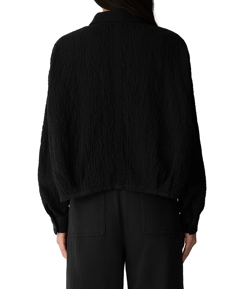Eileen Fisher Organic Cotton Crinkled Double Weave Point Collar Long Dolman Sleeve Button-Front Jacket