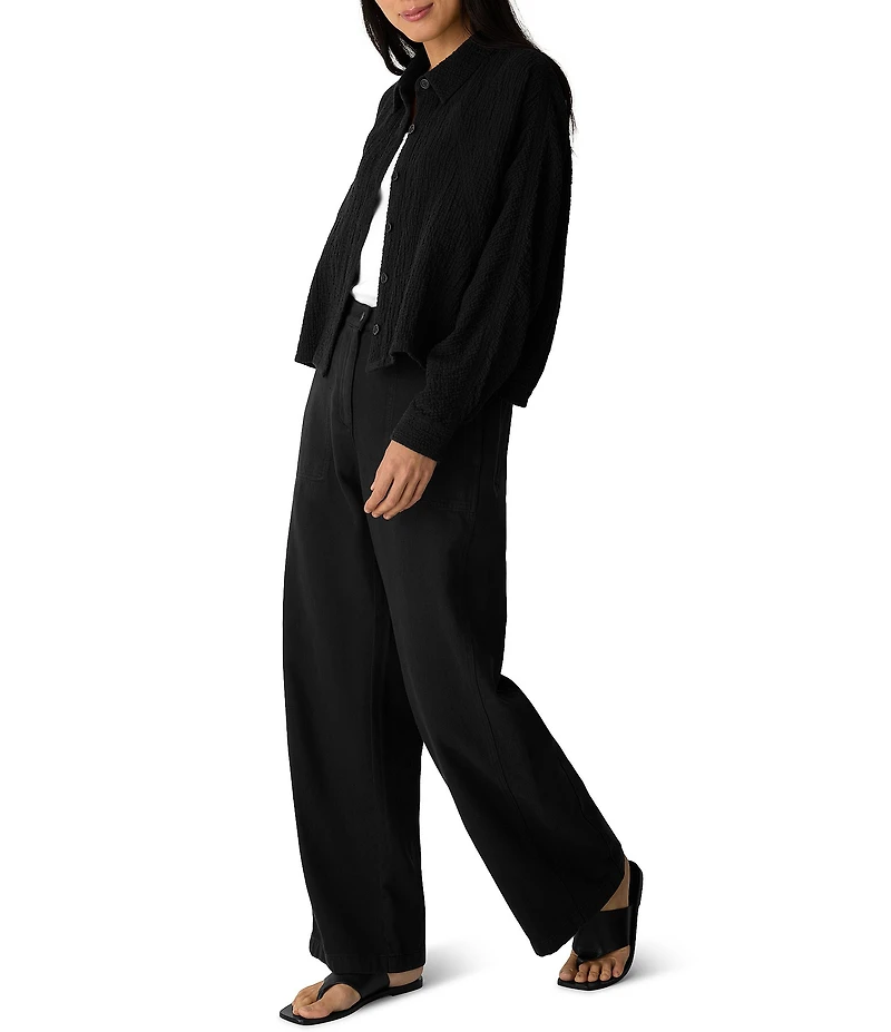 Eileen Fisher Organic Cotton Crinkled Double Weave Point Collar Long Dolman Sleeve Button-Front Jacket