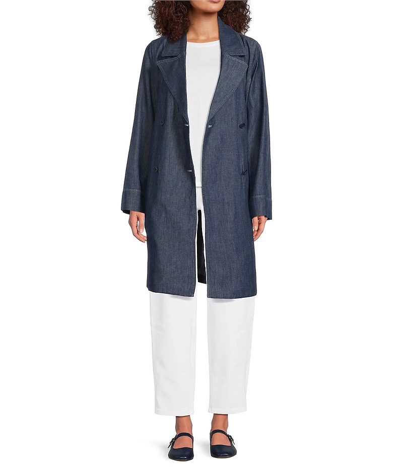 Eileen Fisher Organic Cotton Denim Notch Lapel Long Sleeve Trench Coat