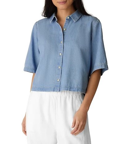 Eileen Fisher Organic Cotton Denim Point Collar Elbow Sleeve Button-Front Shirt