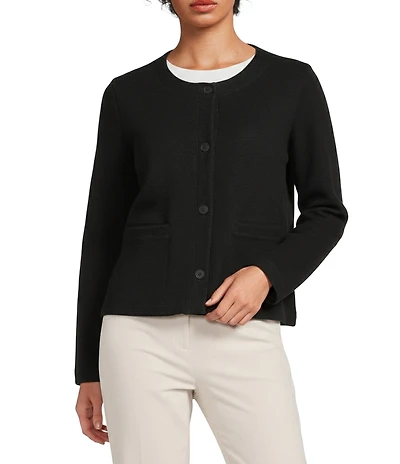 Eileen Fisher Organic Cotton Double Knit Round Neck Long Sleeve Short Jacket
