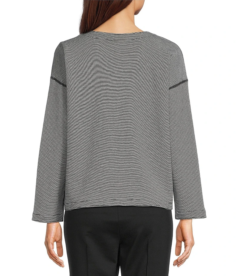 Eileen Fisher Organic Cotton Double Knit Stripe Round Neck Long Sleeve Reversible Top